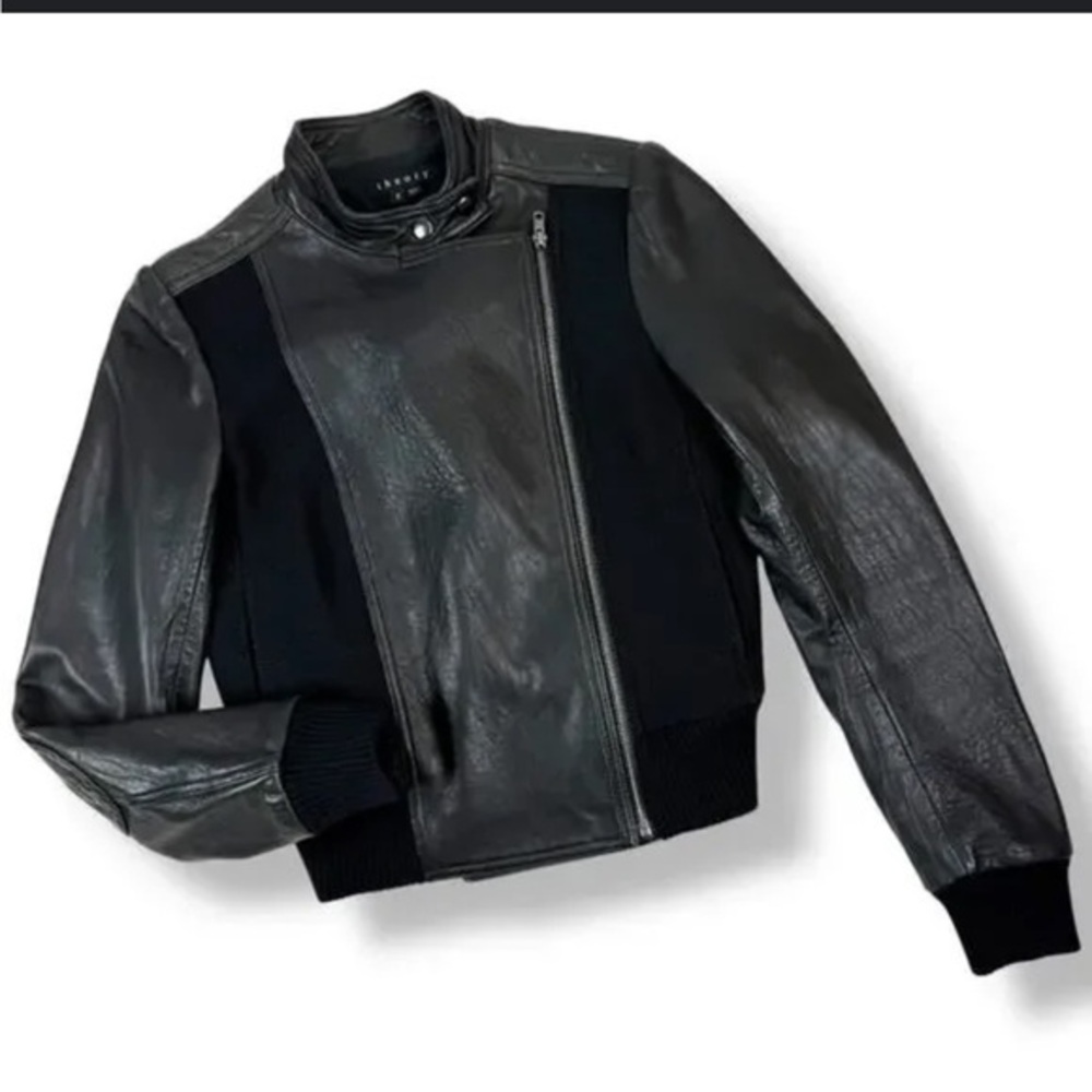 Theory Black Leather Jacket Lambskin Leather Wool Size small Full Zip coat